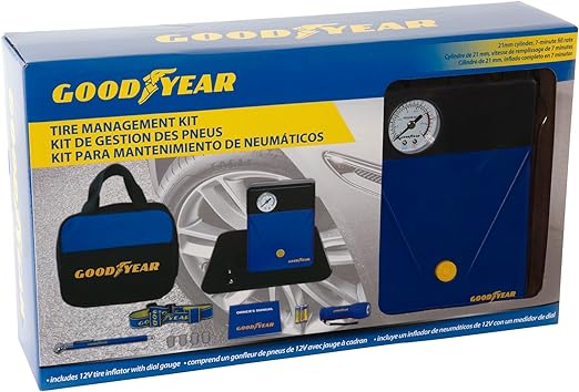 Goodyear Tire Inflator Maintenance Kit with Pump, Air Pressure Guage, Knee Pad and Stem Caps GY3104