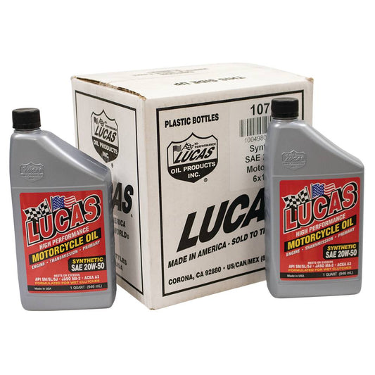 6 Lucas Oil Motorcycle Oil Synthetic 20W-50, Six 32 Ounce Bottles (Stens 051-669)